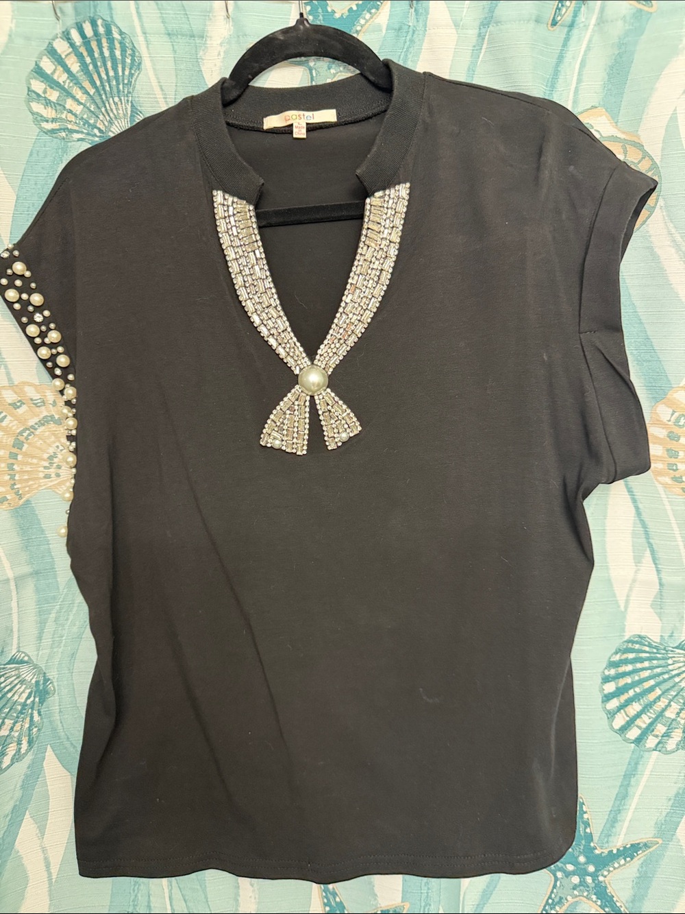 Pastels Black Short-Sleeve Top with Jeweled V-Accent